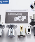 Keyless Entry Door Lock With No Hassle Setup And Two Point Five Second Auto Lock Lets You Run Up To 255 User Codes Waterproof Easy To Install And Program For Bedroom Garage Office Gate Durable Classic Silver packaging with components spread out on a table.