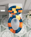 Elongated Toilet Seat for Bathroom with colorful patchwork design, fits most standard toilets with adjustable hinges.
