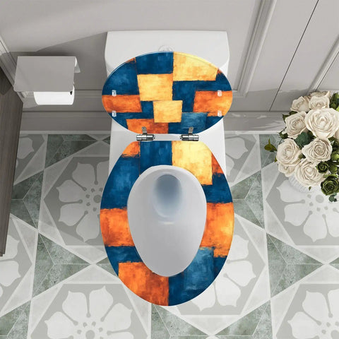 Elongated Toilet Seat for Bathroom with colorful patchwork design, fits most standard toilets with adjustable hinges.