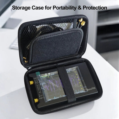 NanoVNA H4 Vector Network Analyzer V4.4 in tough EVA storage case, featuring a 4-inch touchscreen and protective design.