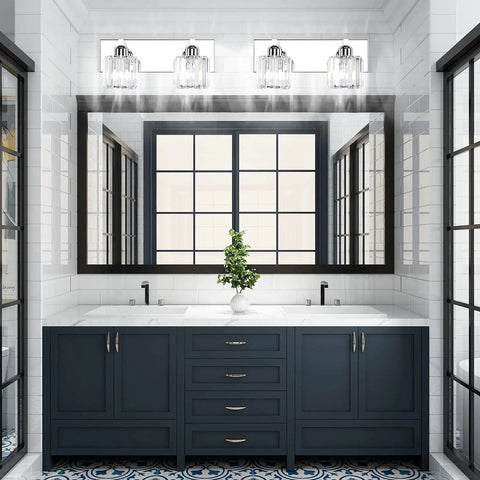Crystal Vanity Lights For Bathroom Stainless Steel Wall Mount Two Light Fixtures Dimmable With E26 Bulb Not Included 15 Inch Long 4.3 Inch Wide 7.1 Inch Projection Modern Look above double vanity