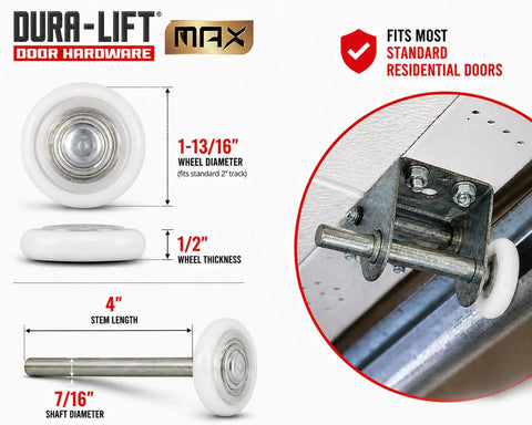 Heavy Duty Nylon Garage Door Rollers With Sealed 6200ZZ Bearings And 2 Inch Wheels showing 1-13/16 inch wheel diameter and 4 inch stem.