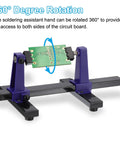 Adjustable PCB Holder With 360 Degree Rotation For Circuit Board Soldering And Desoldering Repair, Metal Base Workbench Desk Stand, Holds Up To 20 x 14 Cm Boards, Blue shown with green circuit board