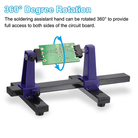 Adjustable PCB Holder With 360 Degree Rotation For Circuit Board Soldering And Desoldering Repair, Metal Base Workbench Desk Stand, Holds Up To 20 x 14 Cm Boards, Blue shown with green circuit board