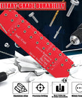 Bulletproof Aluminum Alloy Shelf Pin Jig With 11 Hole Template For Knocking Out Flawless Dowel Spacing On Built Tough Adjustable Woodworking Shelves, showing precision holes and drill compatibility.