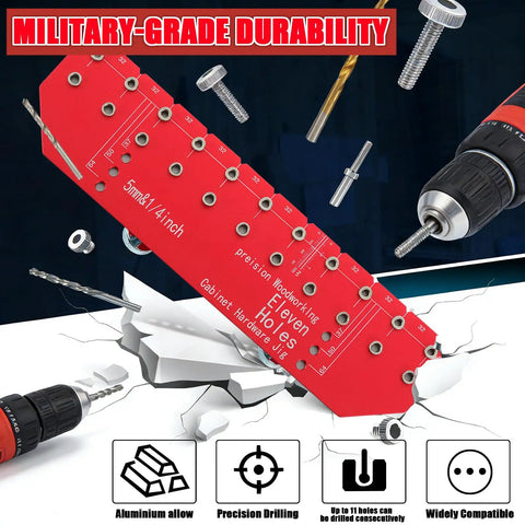Bulletproof Aluminum Alloy Shelf Pin Jig With 11 Hole Template For Knocking Out Flawless Dowel Spacing On Built Tough Adjustable Woodworking Shelves, showing precision holes and drill compatibility.