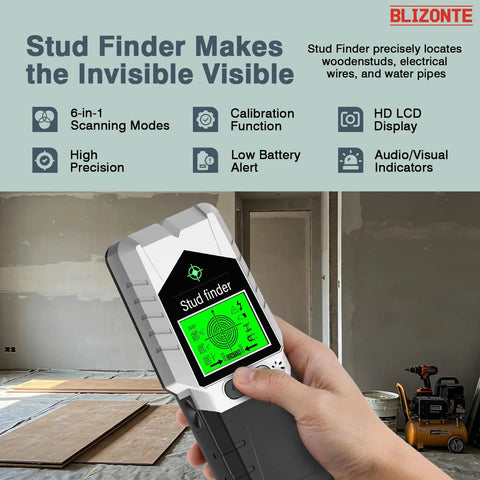 Pro Grade Six In One Wall Scanner With Dead On Detection For Wooden Joists AC Wiring Copper Tubing And Steel Studs Paired With Bright Led Lights And Crisp Audio Alerts To Keep DIY Renos Straight On Track Without Any Sweat Or Second Guessing