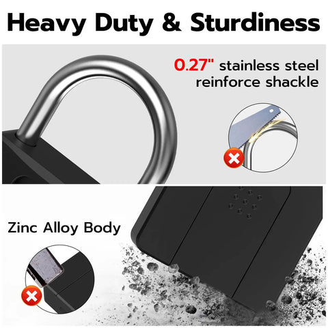 Close-up of Fingerprint Padlock With Bluetooth Key Backup Heavy Duty Waterproof Lock shackle and zinc alloy body details