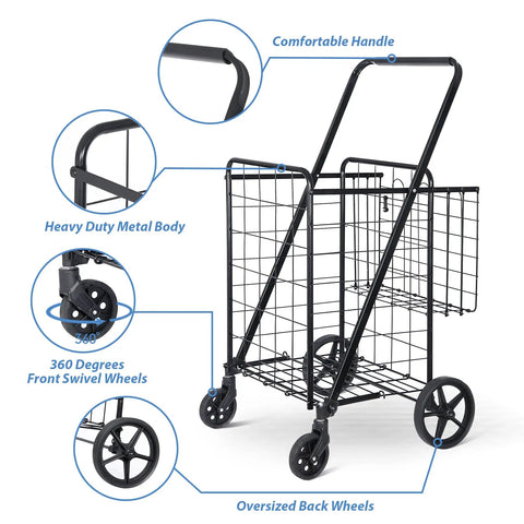Foldable Utility Shopping Cart With Double Baskets For Grocery And Laundry, metal frame, swivel wheels, ergonomic handle