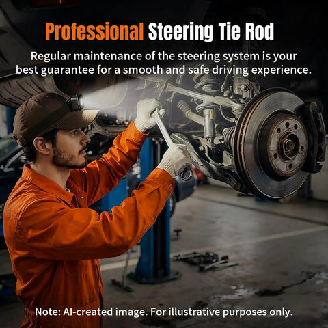 Professional Steering Tie Rod inspection on raised car by mechanic in orange coveralls, repairing front suspension and brake assembly