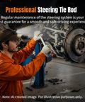 Professional Steering Tie Rod mechanic inspecting front suspension with wrench on vehicle lift