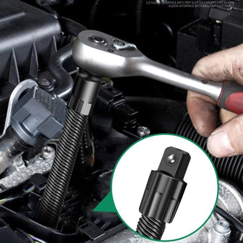Half Inch Flexible Shaft Extension Tool For Tight Spaces DIY Friendly Reach Extender attached to ratchet in engine bay