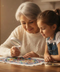 Elderly woman using Handheld Magnifier With Light 3X And 45X Dual Magnification Loupe for hobby craft with granddaughter
