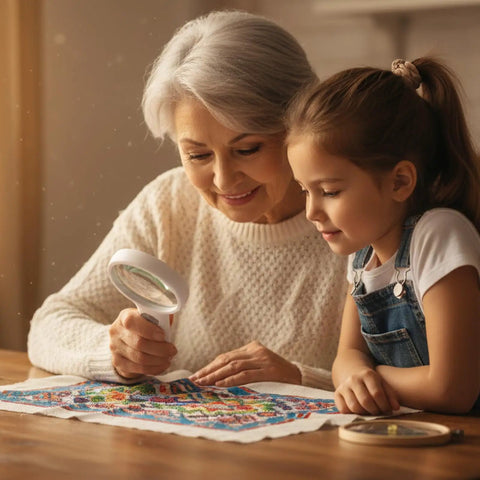 Elderly woman using Handheld Magnifier With Light 3X And 45X Dual Magnification Loupe for hobby craft with granddaughter