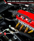 VASTOOLS 6-piece hose removal hook set for radiator hoses shown on engine with a red valve cover