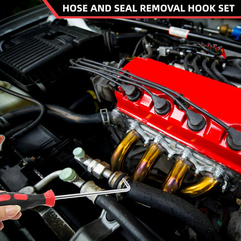VASTOOLS 6-piece hose removal hook set for radiator hoses shown on engine with a red valve cover