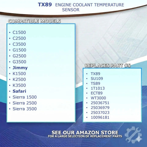 Engine coolant temperature sensor TX89 details with compatible models and part replacements for accurate monitoring.