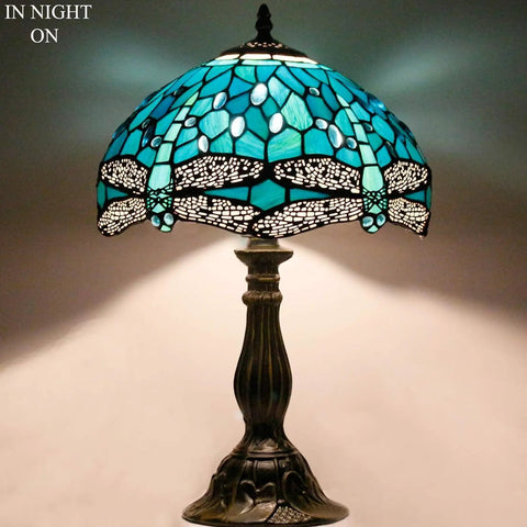 Tiffany Style Stained Glass Dragonfly Table Lamp With Green And Blue Shade, Perfect Reading Light For Your Bedroom S622 Series