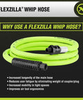 Flexzilla whip hose coiled with connectors, highlighting benefits such as increased longevity and improved air tool ergonomics.