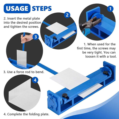 Infographics showing usage steps for 7.87 Inch Steel Bending Brake Manual Sheet Metal Bender For 0 To 90 Degrees mini brake tool