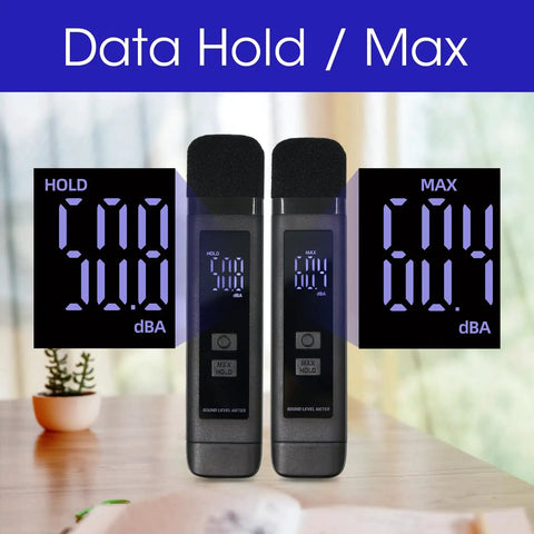 Digital Decibel Meter With LCD Display And Max Data Hold Battery Indicator Pocket SPL Sound Level Meter For Home Office And Noisy Neighbors 30 To 130 DBA Rechargeable shown with HOLD and MAX readings