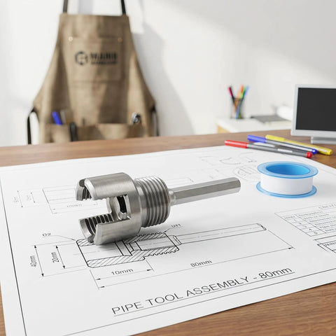 Dual Function External Pipe Threading Tool For PVC And Stainless Steel Pipes, One Half Inch And Three Quarter Inch Threader, Includes Seal Tape, Stable Cutting For DIY Home Plumbing Renovation And Construction Sites, Electric Drill Compatible, on blueprint