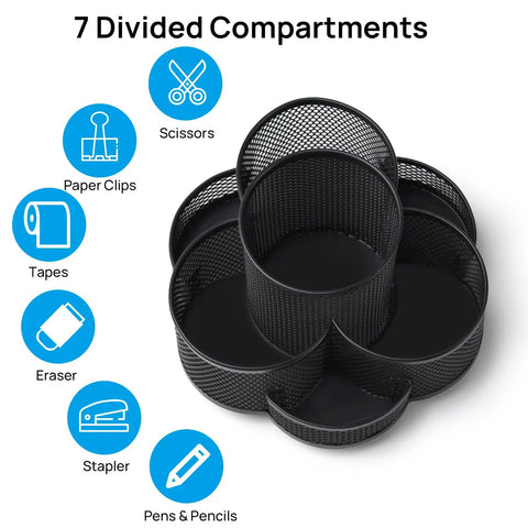 360 Degree Desk Pen Holder With Seven Compartments Floral Design Black Finish Rotating Cup Organizer for office desk.