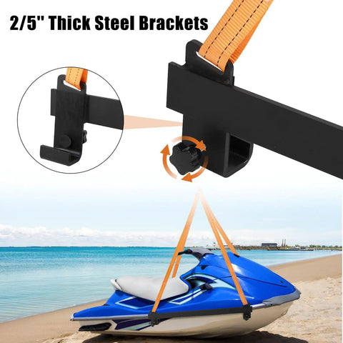 Heavy Duty Watercraft Lift Sling for Material Handling With Thickened Marine-Grade Polyester Strap And Reinforced Steel Bracket, showcasing 2/5" thick steel brackets.