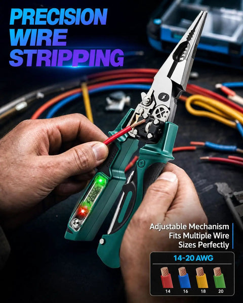 4 In 1 Wire Stripping Pliers With LCD Voltage Display, Heavy Duty Steel Workhorse Multitool For Electricians, Foldable Cable Cutter, Crimping, Cutting And Wire Testing, 12 To 250V, green steel pliers stripping 14-20 AWG wire