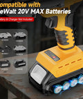 Close-up of yellow cordless tool base, compatible with DeWalt 20V Max batteries, showing battery slot and LED lights