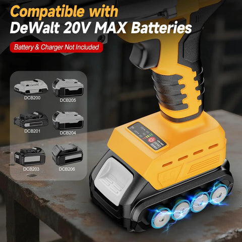 Close-up of yellow cordless tool base, compatible with DeWalt 20V Max batteries, showing battery slot and LED lights