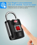 Keyless Fingerprint Lock With TSA Approval for gym luggage travel; black padlock being unlocked by finger, USB rechargeable.