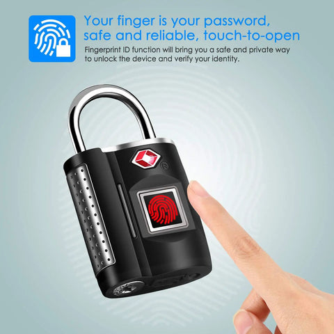 Keyless Fingerprint Lock With TSA Approval for gym luggage travel; black padlock being unlocked by finger, USB rechargeable.