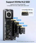 Blazing Fast M.2 NVMe SSD Enclosure With Aluminum Chassis And Stealth Cooling Fan showing sizes 2280, 2260, 2242, and 2230 SSDs.