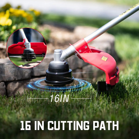 Close-up of Gas Powered Weed Wacker 25.4cc 2 Cycle String Trimmer And Edger with 16 Inch Cutting Swath and 10 Inch Brush Cutter Blade.