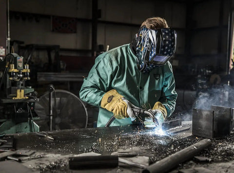 Welder using Goatskin and Cowhide MIG Welder Gloves Pack of 12, Kevlar-Trimmed, Fleece-Lined, Medium, Straight Thumb