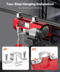 Electric Hoist With 14ft Wired Remote, 440 Lb Capacity, Two-Step Hanging Installation shown with secure locking brackets.