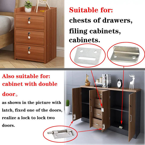 Heavy Duty Cabinet Lock With Keys For Single Or Double Doors installed on wooden drawers and cabinets, showing application