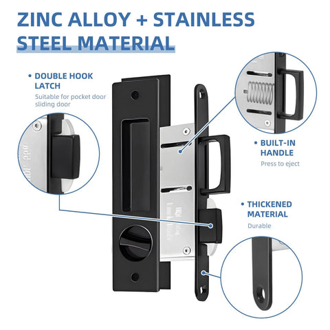 Privacy Pocket Door Lock Hardware For Wood Doors, Invisible Sliding Door Lock With Keys, Recessed Handle Latch