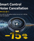 Smart control noise cancellation feature of Lark M2 Wireless Lavalier Microphone for iPhone, Android, showing yellow button interface.
