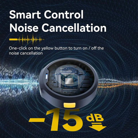 Smart control noise cancellation feature of Lark M2 Wireless Lavalier Microphone for iPhone, Android, showing yellow button interface.
