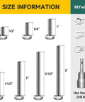 Size chart of 304 stainless steel hex bolt kit with washers and drill bit