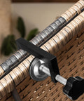 Close-up of adjustable patio fasteners clip on rattan furniture, Four Pack Couch Clamps for Sectionals, Outdoor Sofa Rattan Connectors.