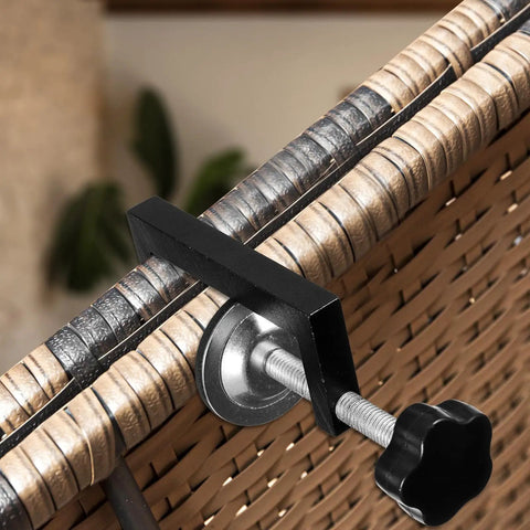 Close-up of adjustable patio fasteners clip on rattan furniture, Four Pack Couch Clamps for Sectionals, Outdoor Sofa Rattan Connectors.