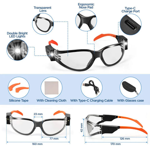 Kickass Rechargeable Led Safety Glasses With Built In Work Lights For Mechanics Auto Repair And Tight Garage Jobs Featuring Hella Bright Fog Free Lenses And Scratch Resistant Shielding, showcasing design and accessories.