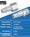 Image of Beefy High Flow Half Inch Air Hose Fittings Set With Four Male IM Industrial NPT Plugs And One Female Air Plug In Solid Steel