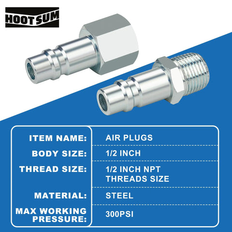 Image of Beefy High Flow Half Inch Air Hose Fittings Set With Four Male IM Industrial NPT Plugs And One Female Air Plug In Solid Steel