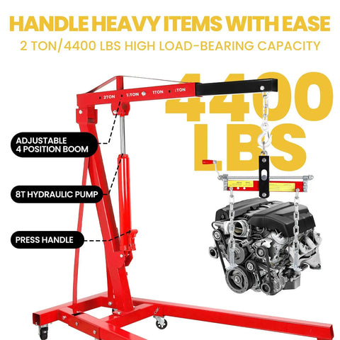 Heavy Duty 2 Ton Engine Hoist With Retractable Telescopic Boom And Six Rolling Caster Wheels Portable Hydraulic Cherry Picker lifting an engine.