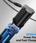 Exploded view of a 2000mAh power pack and fast charger for a 12V cordless drill kit with 92 accessories.