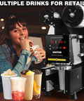 Hassle Free Commercial Cup Sealer Machine With Smart Heat Preservation Tech and Quick Auto Manual Switching for Reliable Plastic Food Packaging with multiple drink cups.